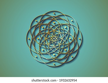 Geometric mystic mandala, Gold Sacred Geometry. Seed of life symbol, alchemy esoteric Flower of Life. Vector golden line art circles sign divine meditative amulet isolated on blue vintage background