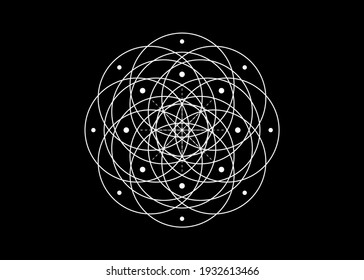 Geometric mystic mandala, Sacred Geometry. Seed of life symbol, alchemy esoteric Flower of Life. Vector white line art circles sign divine meditative amulet isolated on black background