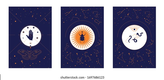 Símbolo místico geométrico conjunto ilustración. Cartas misteriosas dibujadas a mano, concepto de tarot. Colección mágica con mariposa, insecto, símbolos astrológicos y rueda, bola de cristal, ojo, pico y estrellas.