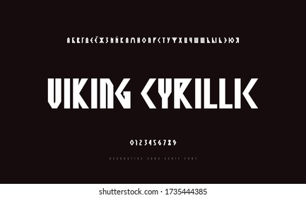 Geometric narrow cyrillic sans serif font in viking style. Bold face. Letters and numbers for logo and emblem design. White print on black background