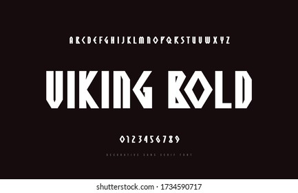 Geometrische schmale Sans Serifenschrift im viking-Stil. Kühnes Gesicht. Buchstaben und Zahlen für Logo- und Emblem-Design. Weißer Druck auf schwarzem Hintergrund