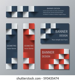 Geometric narrow vertical and wide horizontal rectangular banners with 3d effect for a business website. Five banners advertising templates