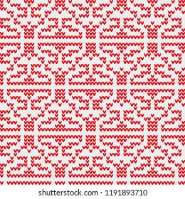 Geometric, national pattern. Vector abstract seamless background with elements of a knitted pattern of red ornaments on a white background, geometric patterns. For design, decoration, packing, fabric