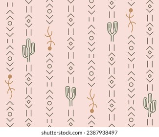 Geometric native american folklore ornament, cactus seamless background. Simple aztec striped vector background.