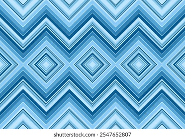 Geometric native fabric patterns with a blue hue can be connected in every direction.