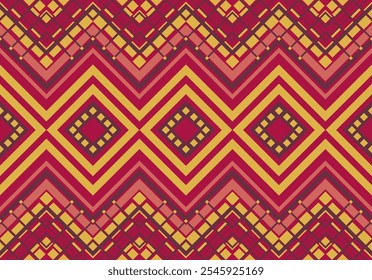 Geometric native fabric patterns of pink, red, brown can be connected in every direction.