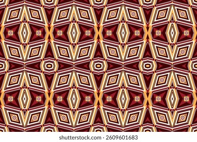 Geometric Native Pattern Tribal Red Yellow Aztec Motif Seamless Pattern Traditional Symmetry For Fabric, Cloth, Tile, Textile, Carpet, Rug, Vector, illustration design, on Scarlet Background