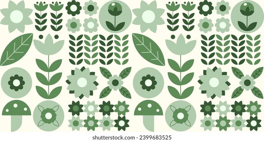 Geometric natural pattern. Abstract floral poster: leaves, flowers and mushrooms.Bauhaus.Seamless pattern