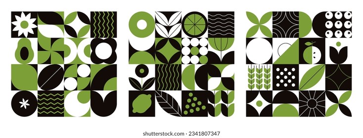 Geometric natural pattern. Abstract fruit leaf plant simple shapes, minimal floral eco agriculture concept. Vector banner set