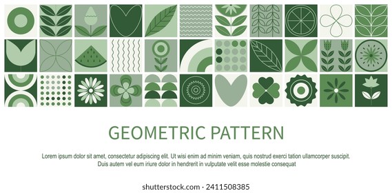 Geometric natural pattern. Modern geometric background. Abstract nature: Trees, leaves, flowers, fruits. Mosaic set of icons in minimalist style. Poster, banner, business card template in trendy style