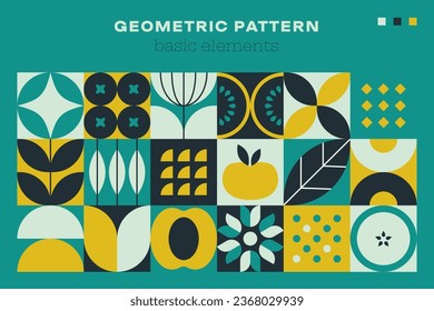 Geometric natural plant pattern. Minimal flower fruit elements simple geometry shapes, abstract eco agriculture concept. Vector modern banner