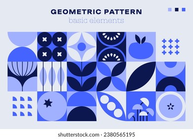 Geometric natural plant pattern. Minimal flower fruit elements simple geometry shapes, abstract layout eco agriculture concept. Vector modern banner