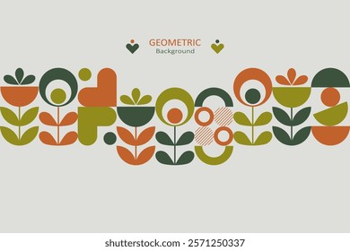 Geometric with a nature-inspired theme, including abstract flowers, leaves, circles, and semi-circular shapes. The color uses earthy tones orange, green, olive, and white. 