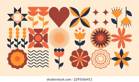 Geometric natutral pattern. Abstract flower leaves plant simple shape, folk scandinavian design. Minimal vector banner