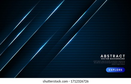 Geometric navy blue abstract background with metallic lines. Overlap layer on dark space with light effect decoration. Modern graphic design template elements for poster, flyer, brochure, or banner