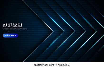 Geometric navy blue abstract background with metallic lines. Overlap layer on dark space with light effect decoration. Modern graphic design template elements for poster, flyer, brochure, or banner