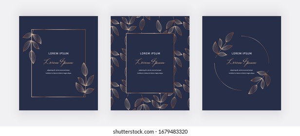 Geometric navy blue cards with golden leaves, lines and frames. Trendy templates for wedding invitation, banner, flyer, poster, greeting.

