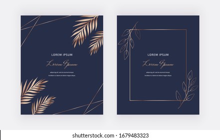 Geometric navy blue cards with golden leaves, lines and frames. Trendy templates for wedding invitation, banner, flyer, poster, greeting.
