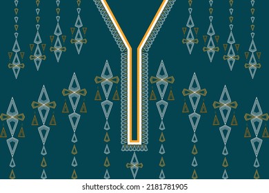 Geometric necklace embroidery.Textile design for collar shirts, shirts, blouses,T-shirts, fashion woman,wallpaper,clothing,texture anf fabric. tribal necklace pattern traditional on green background.