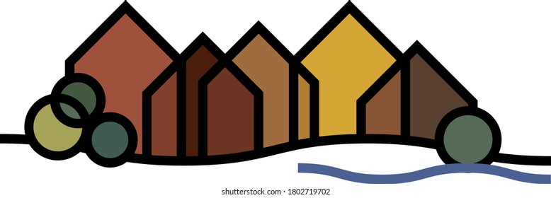 Geometrische Nachbarschaft mit braunen Häusern und Fluss