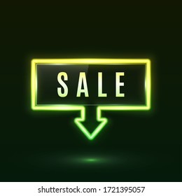 Geometric neon arrow Sale banner with glossy plastic material square on dark green background. Glowing light led lamp tube sign design. Bright 80s retro rectangle Discount abstract vector illustration