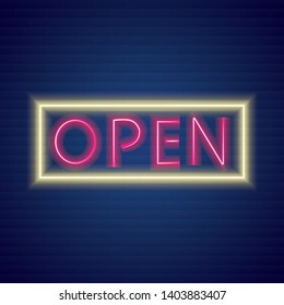 Geometric neon banner. Neon light frame on transparency.
Glowing neon poster on brick wall background. Style and design concept. Open