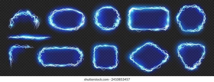 Geometric neon frame with electric lightning spark effect and energy glowing. Vector isolated bolt voltage borders, rectangles and squares, circles and rhombus on transparent background