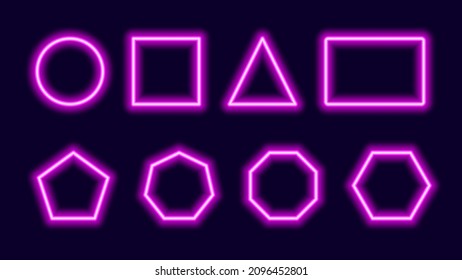 Geometric neon frames template. Purple shapes polygons and rectangles. Colorful squares with triangles for web design and night signs and bars. Laser glow of discos and vector billboards