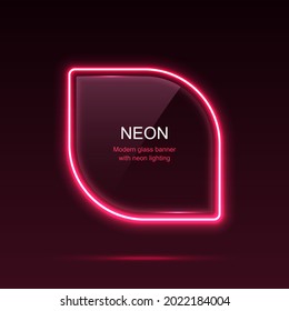 Geometric neon light with rounded edges. Glass banner
