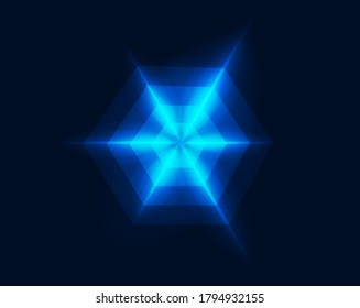 Geometric neon light starry glowing abstract pattern vector shape illustration, dark blue fantasy illuminated energy background element design, idea of diamond gem stone laser rays modern