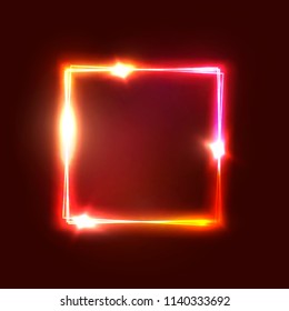Geometric neon lights signage. Bright glowing square shape on dark red backdrop. Realistic electric power luxury sign. Rectangle electricity graphic border Neon abstract background vector illustration