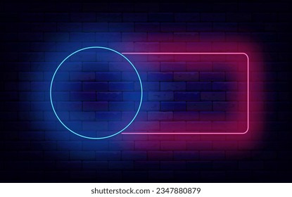 Geometrische Neonvorlage. Glühende Form. Rahmen mit Platz für Text. Helles Banner an der Ziegelwand. Rechteckige Grenze mit blauem Kreis. Quiz und interessante Fakten. Bearbeiten von Schlaganfällen. Vektorgrafik