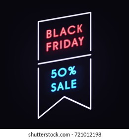 Geometric Neon Vector Banner with 50% Sale. Glossy Plastic Flag. Black Friday Sale label.