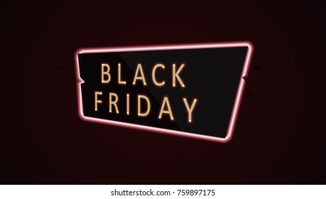 Geometric neon vector banner. Glossy plastic material style. Origami paper. Black Friday Sale label. Vector illustration isolated on background