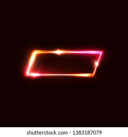 Geometric neon vector banner on red dark background. Neon rectangle frame with electric laser effect. Shining sign with light flash sparkle star. Retro 80s style signboard. Color vector illustration.