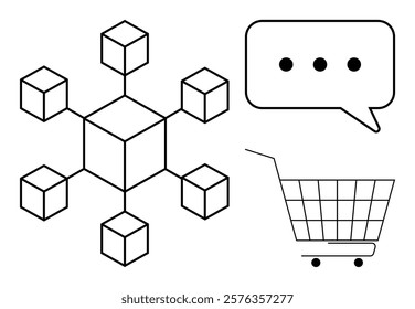 Geometric network with central cube and connected cubes, speech bubble with three dots, and shopping cart outline. Ideal for technology, communication, e-commerce, networking, minimalism themes