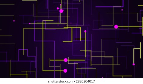 Geometric network of perpendicular circuit lines with bright circular nodes in purple and yellow on dark purple background.