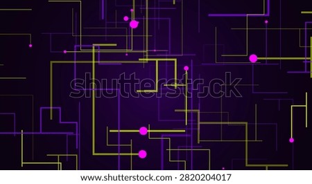 Geometric network of perpendicular circuit lines with bright circular nodes in purple and yellow on dark purple background.