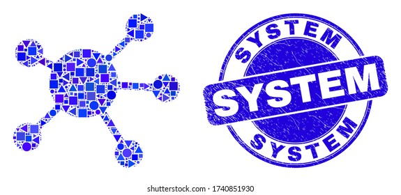 Geometric node links mosaic icon and System seal stamp. Blue vector rounded scratched seal stamp with System text. Abstract concept of node links composed of round, triangles, square geometric items.