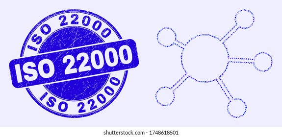 Geometric node links mosaic icon and ISO 22000 seal. Blue vector round scratched seal stamp with ISO 22000 title. Abstract mosaic of node links designed of spheric, triangles, square geometric spots.