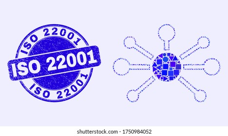 Geometric node links mosaic pictogram and ISO 22001 seal stamp. Blue vector round grunge seal stamp with ISO 22001 title. Abstract composition of node links made of spheric, triangles,