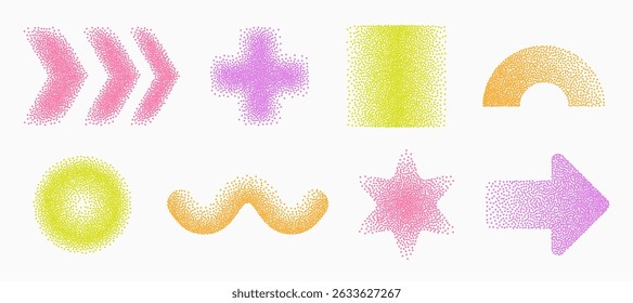 Conjunto de iconos de ruido geométrico. Elementos con textura de degradado de Vector. Efecto de grano, colección de figura. Flecha, cruz, círculo, estrella, flor, onda Elementos de medio tono.