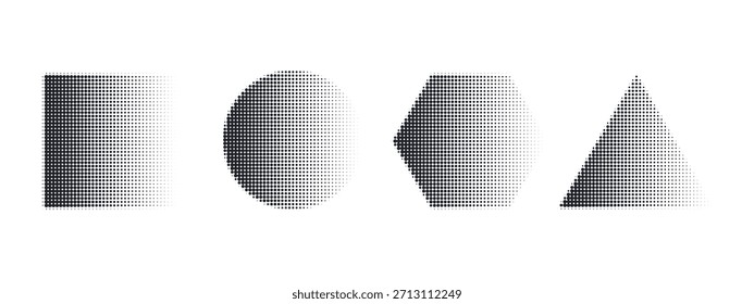 Texturas geométricas con puntos y Gradientes semitonos. Cuatro Formas abstractas: círculo, cuadrado, triángulo, hexágono. Fondos de patrón granulado para el trabajo de Diseño gráfico moderno.