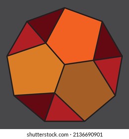Geometric nonagon design with 3d effect shapes inside in shades of red, orange and brown against a dark gray background