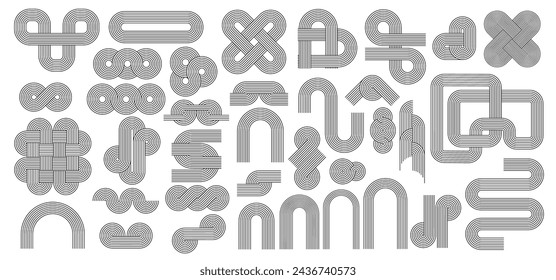 Geometric nordic zen arch line patterns, figures and stroke shapes isolated vector set. Abstract line art geometric figures of striped circles, balance arcs and rainbows, minimalist heart and arches