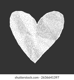 Geometric notebook paper heart with jagged torn edges and wrinkled texture on dark background. White sticker cutout with gritty halftone surface for collage.