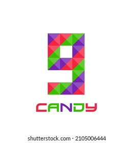 Geometric number 9 with perfect combination of bright purple, red, and green colors. Good for business logo, design element, t-shirt design, print use, etc.