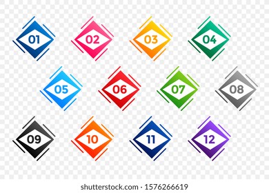 geometric numbered bullet points from one to twelve