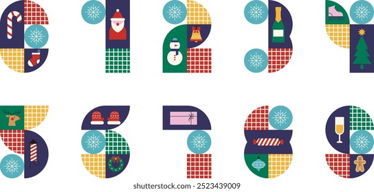 Números geométricos definidos no natal. Coleção de números modernos vetoriais em estilo geométrico. Conceito para design de Ano Novo.