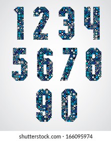 Geometric numbers decorated with blue pixel texture, modern digital style numerals, vector set. 